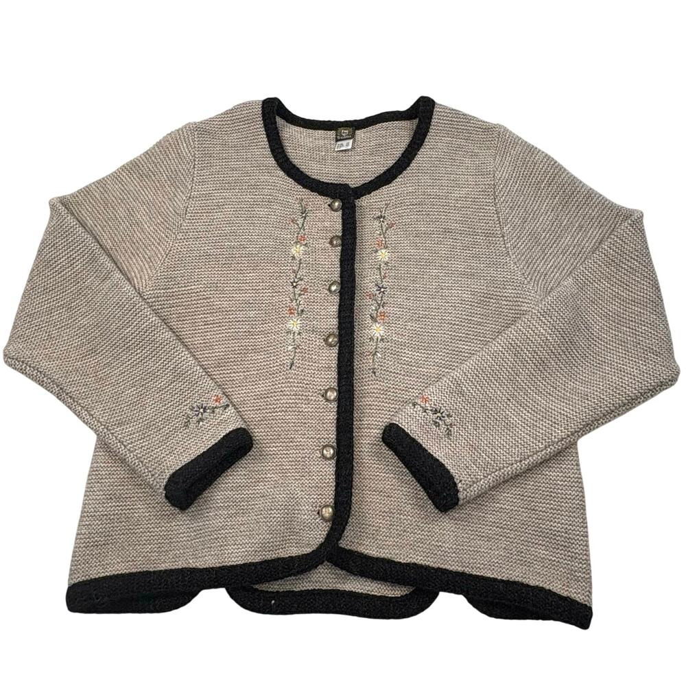Grachten Folk Cardigan Sweater Women's 42 (L) Gray Floral Embroidery Preppy Ski